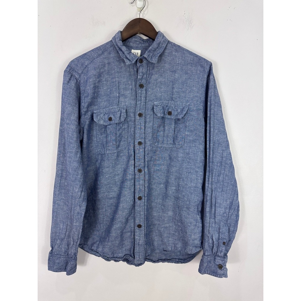 GAP Utility Shirt Mens Medium Blue Linen Cotton Blend Long Sleeve Button Down